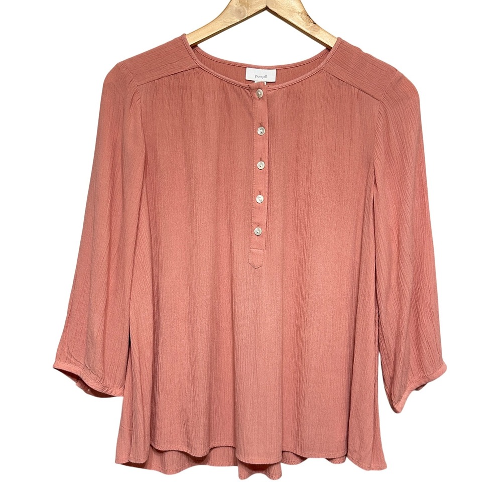 Pure Jill Button Popover Blouse 3/4 Sleeve Womens MP Rose Blush Viscose Feminine